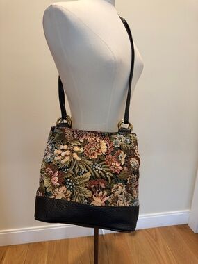 Conchita Leather Handbags Floral Tapestry Shoulder Bag with Black Leather Trim